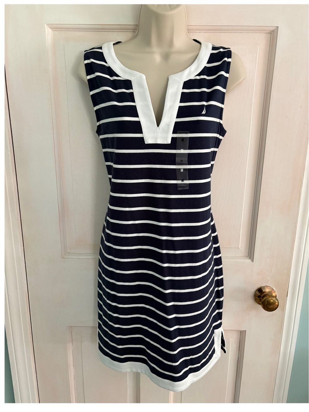 Nautica Navy & White Striped Sleeveless V-Neck Tunic Dress